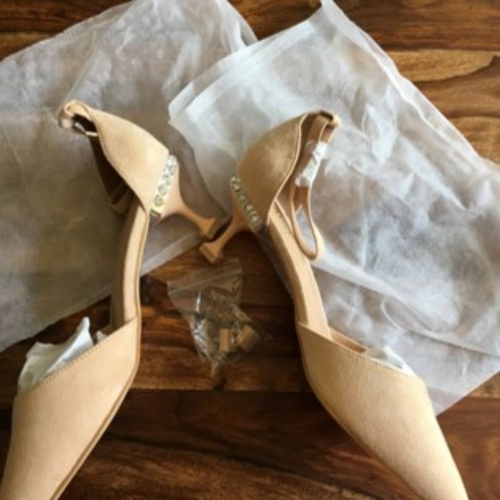 Beige Suede Heels w/Rhinestone Accents ~ 10M